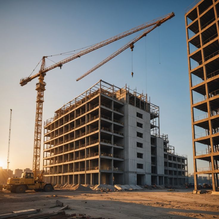 Tower crane and concrete structure on a construction site at sunset